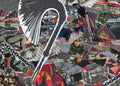 Collage with abstract shapes and patterns, featuring a prominent black and white curved line.