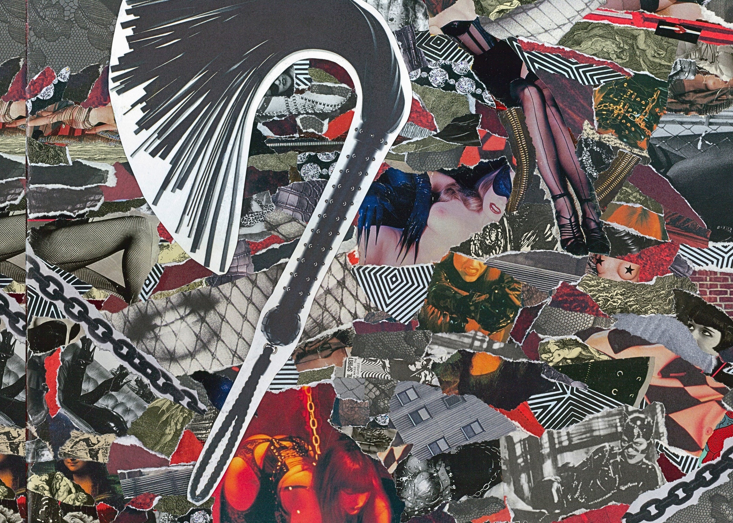 Collage with abstract shapes and patterns, featuring a prominent black and white curved line.
